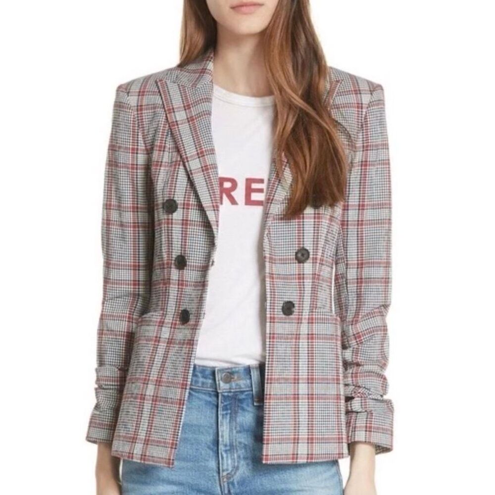 Veronica Beard Gray Plaid Double-Breasted Blazer with Red Windowpane